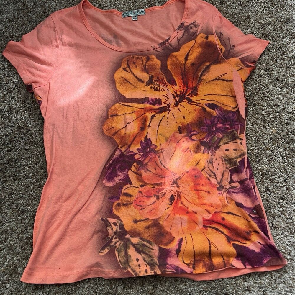 Vintage Suzie Size M Peach Pink Short Sleeve Hibiscus Flower Graphic T Shirt